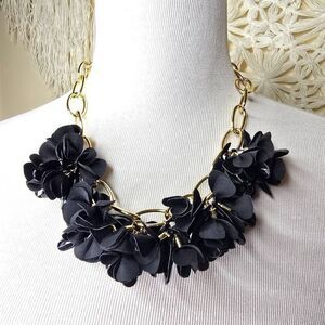 Talbots Fabric & Beaded Flower Statement Necklace Black Gold